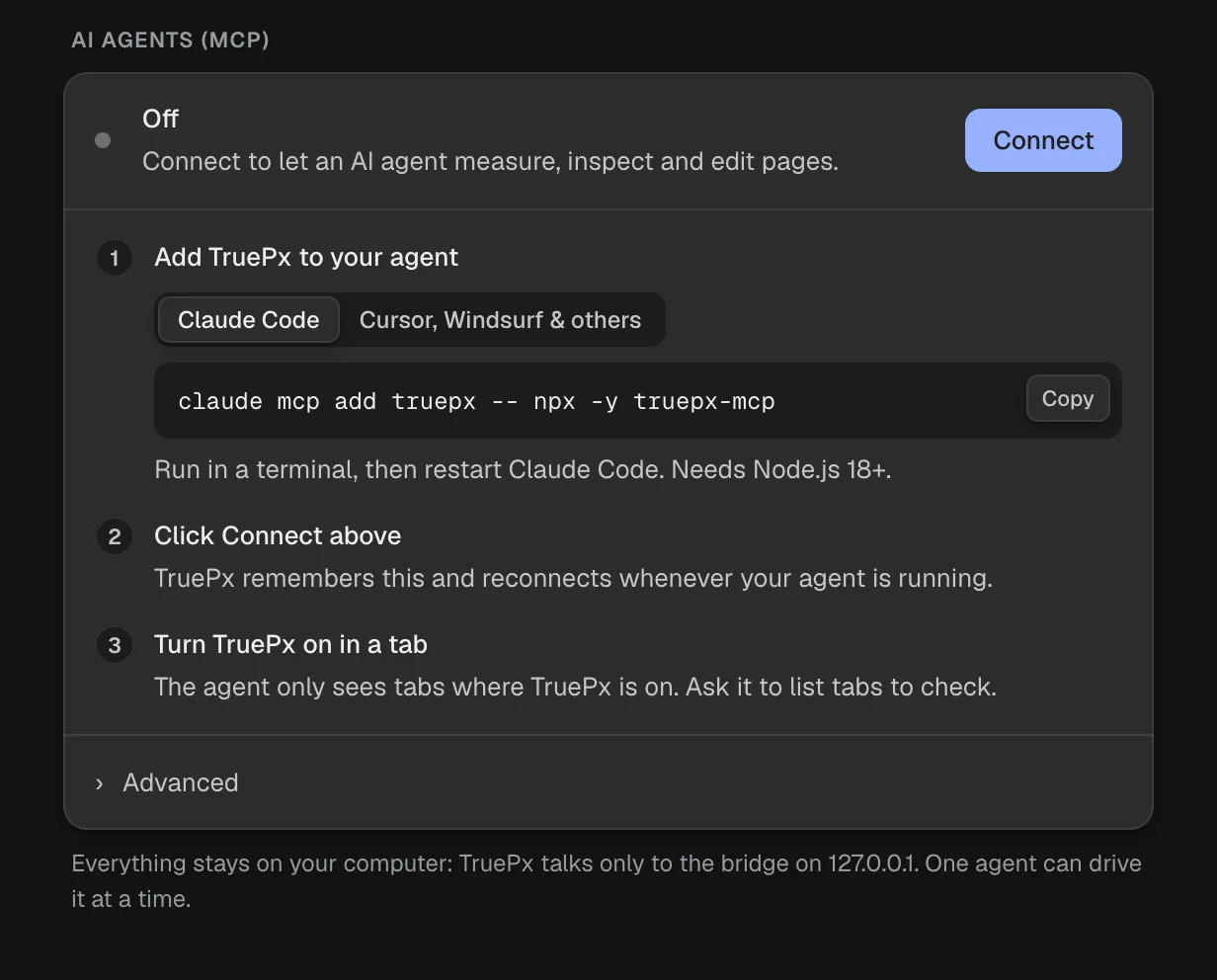 TruePx settings with the AI agents section: connection status, the command to add TruePx to Claude Code, and setup steps