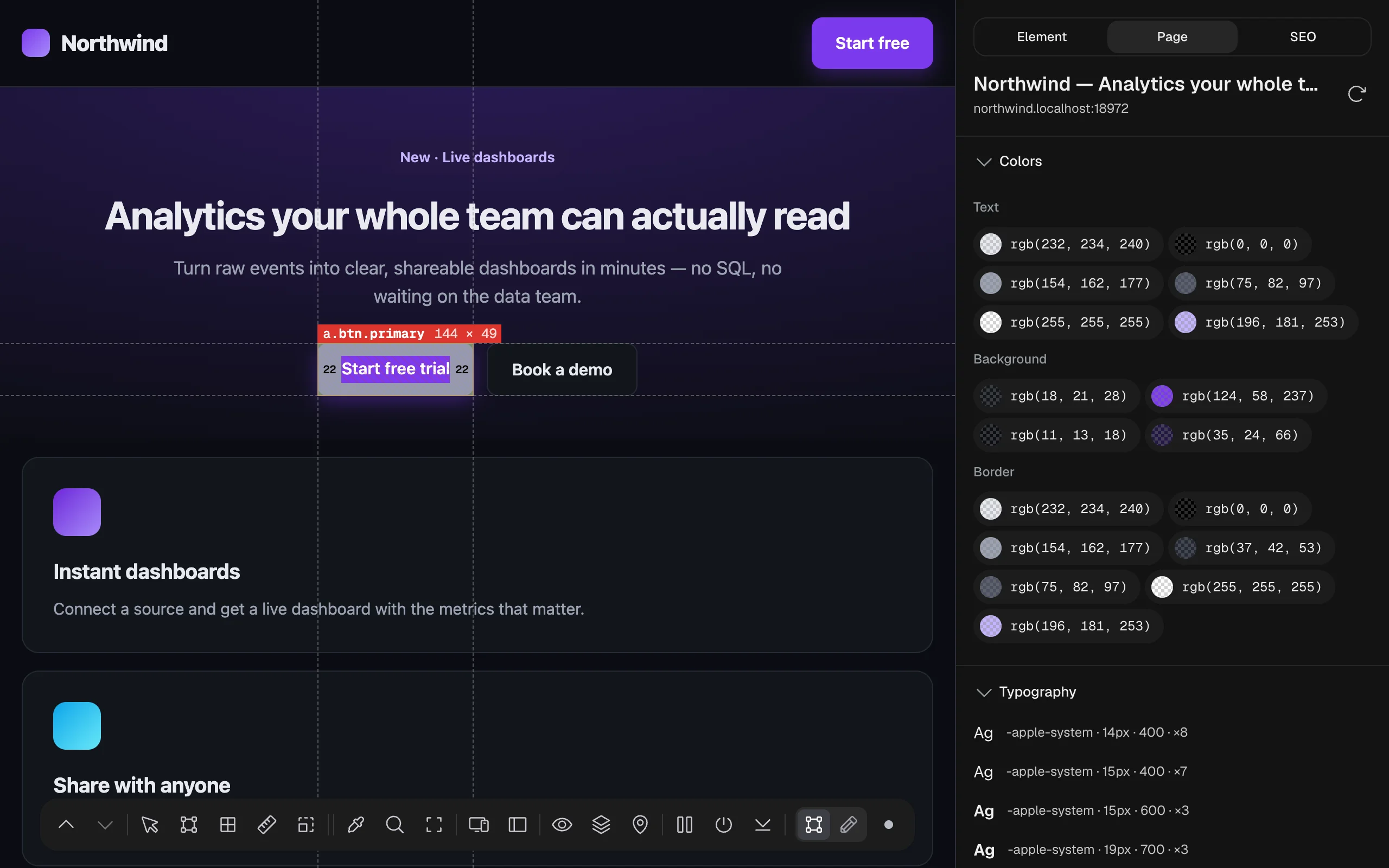 TruePx page panel listing every text, background and border color and all typography styles used on the page