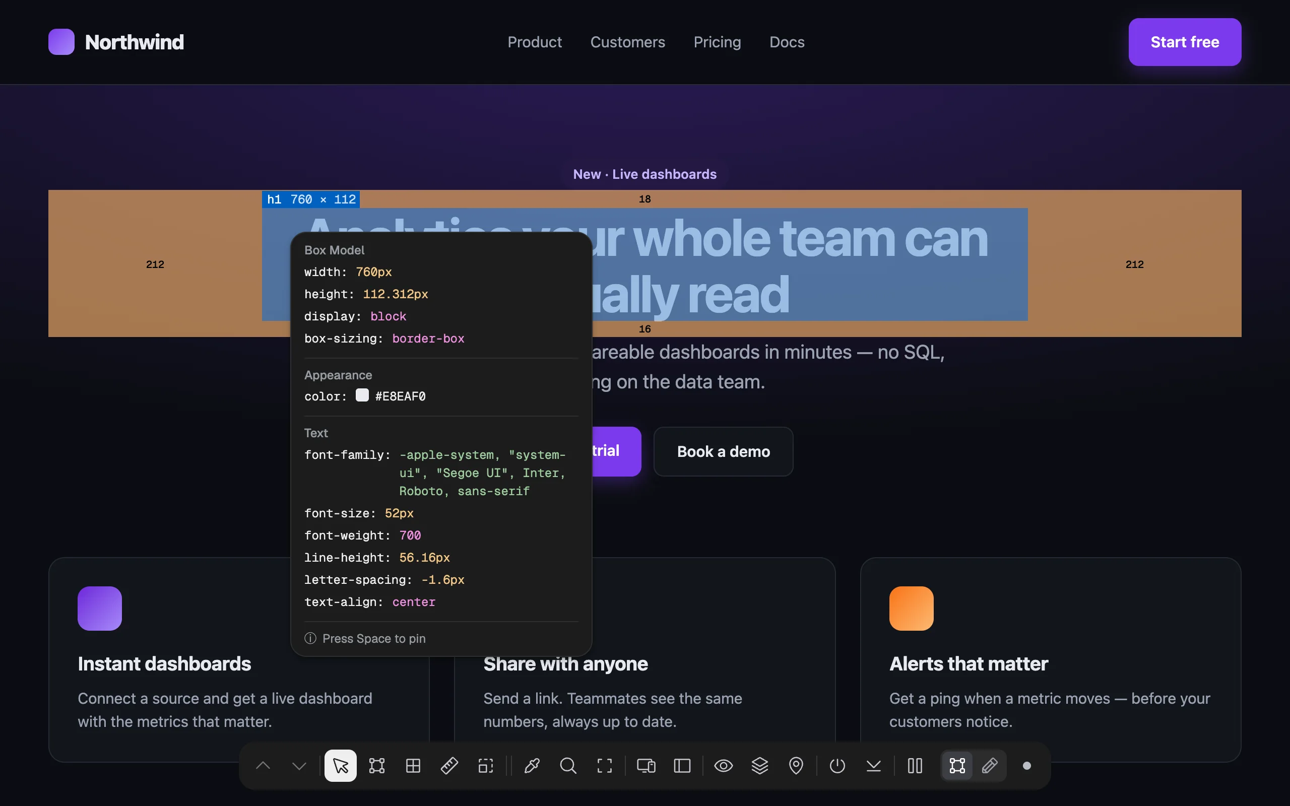 The inspector card over the headline: Box Model 760 × 112.312 px, block, border-box; Appearance color #E8EAF0; Text font-family, 52px, 700, line-height 56.16px, letter-spacing -1.6px, center; footer Press Space to pin