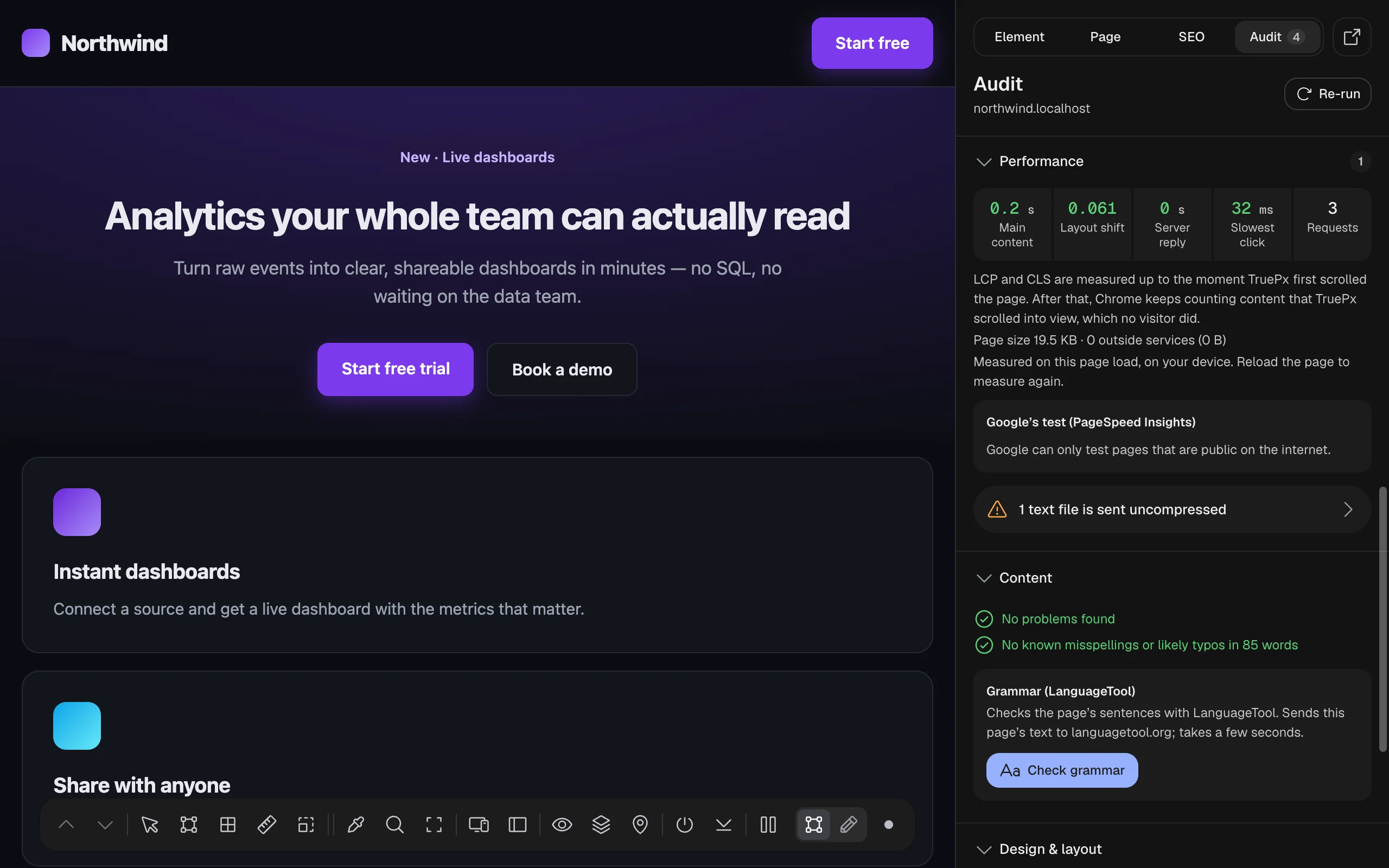 Performance: Main content 0.2 s, Layout shift 0.086, Server reply 0 s, Slowest click 40 ms, 2 Requests; notes about measuring; Page size 13.2 KB · 0 outside services; Google’s test (PageSpeed Insights); and an issue, 1 text file is sent uncompressed. Below, Content: No problems found, No known misspellings or likely typos in 85 words, and Grammar (LanguageTool) with a Check grammar button