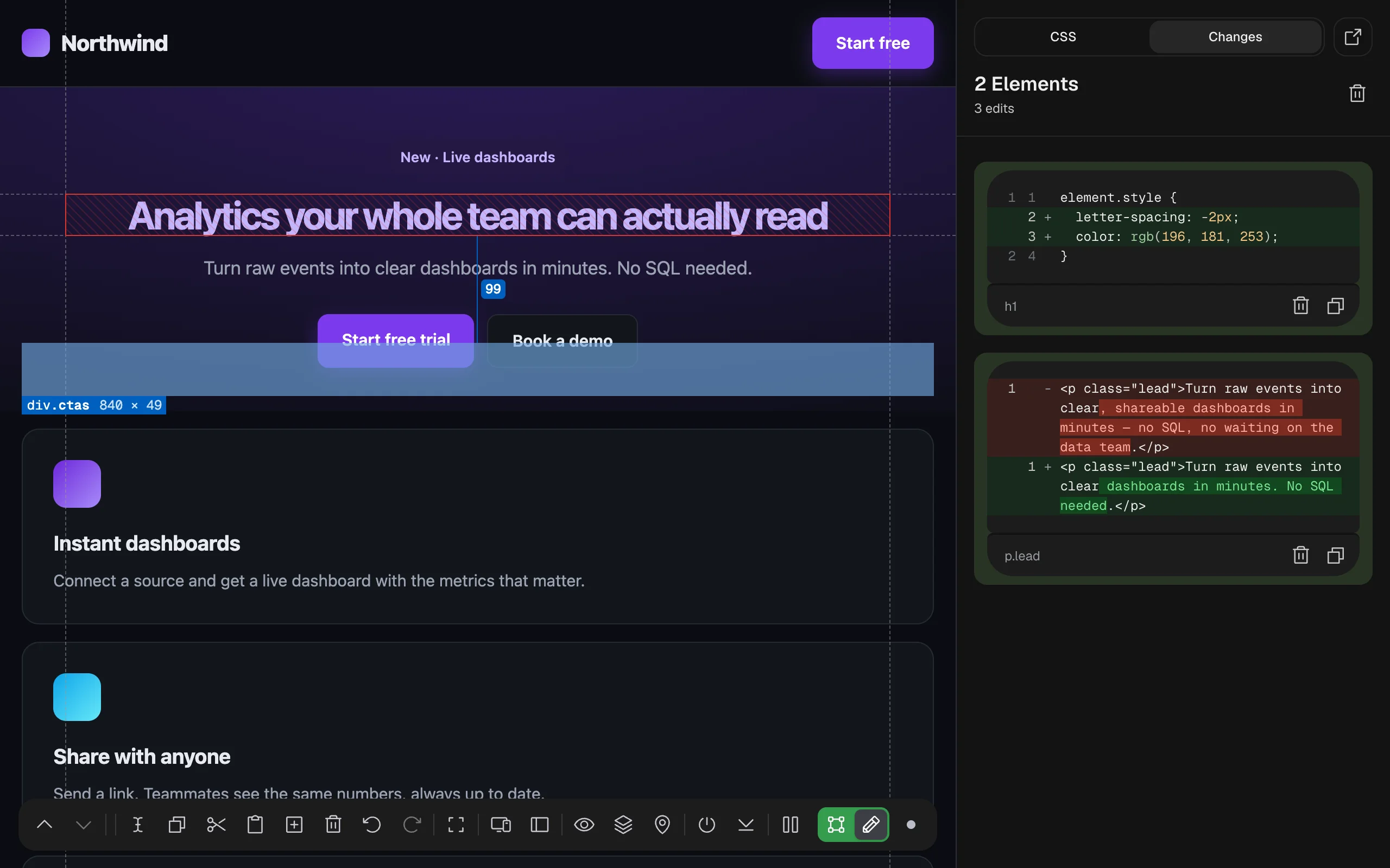 The Changes tab: 1 Rule, 2 edits; element.style gained letter-spacing -2px and color rgb(196, 181, 253), with revert and copy buttons