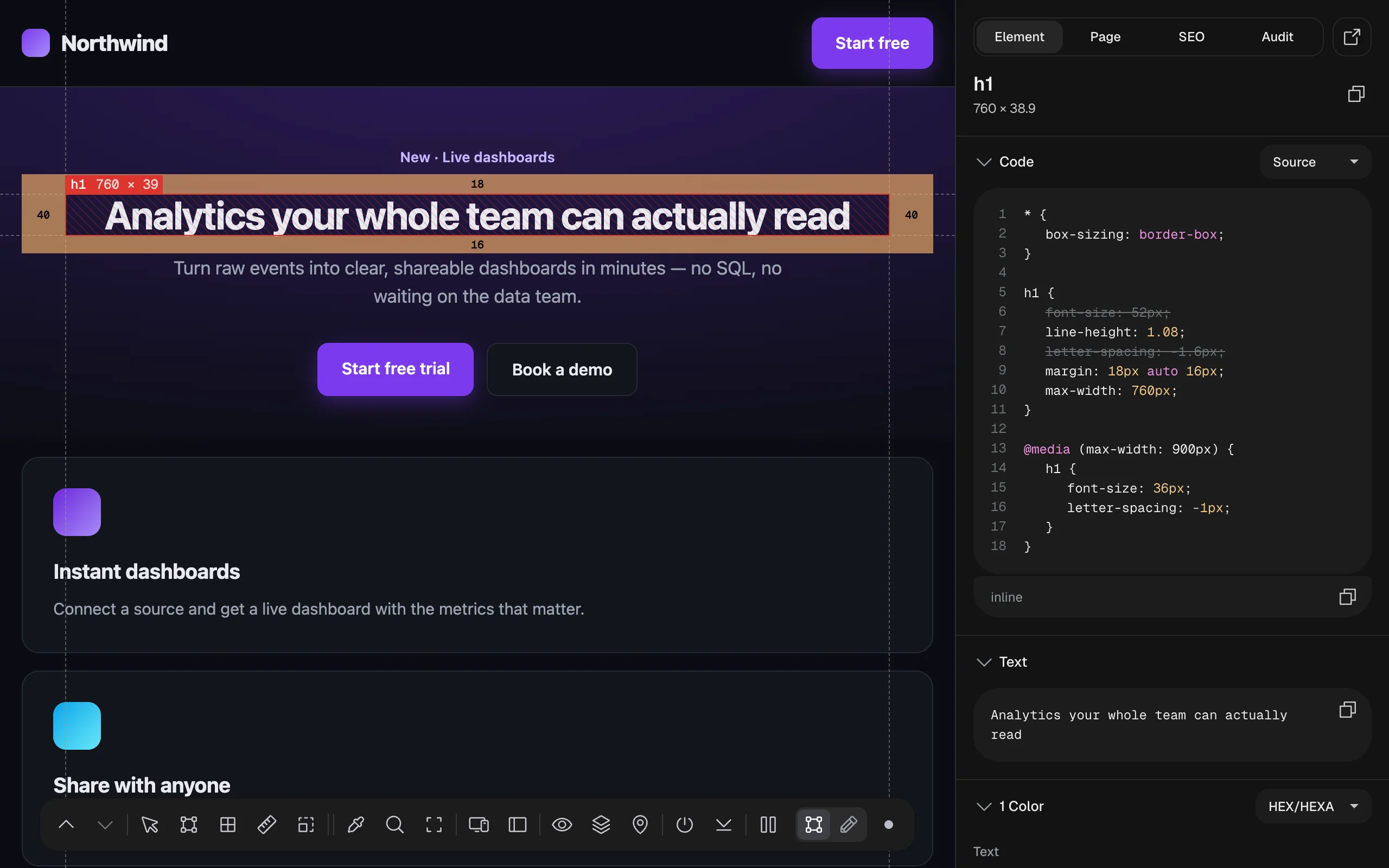 The Code section in Source view for the h1: the universal box-sizing rule, the h1 rule with font-size 52px and letter-spacing -1.6px struck through, and an @media (max-width: 900px) h1 rule with font-size 36px and letter-spacing -1px