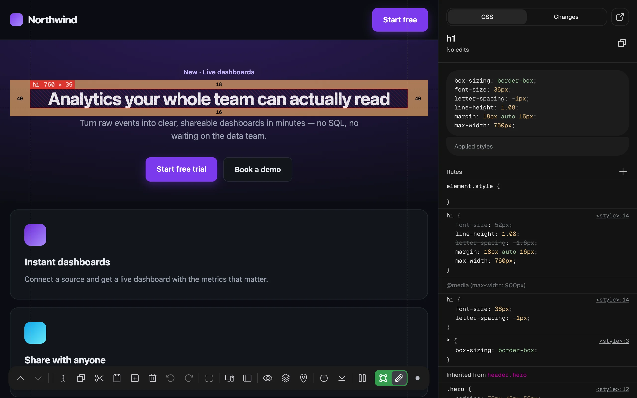 The CSS tab for the headline: Applied styles at the top, then Rules with element.style, the h1 rule from style line 14 with overridden font-size and letter-spacing struck through, the @media (max-width: 900px) h1 rule, the universal rule, and Inherited from header.hero