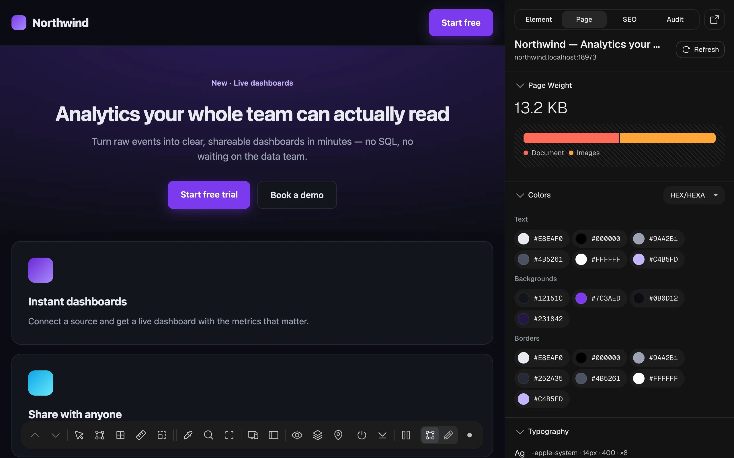 The Page tab: title and address with a Refresh button, Page Weight 13.2 KB with a bar split into Document and Images, and Colors grouped into Text, Backgrounds and Borders