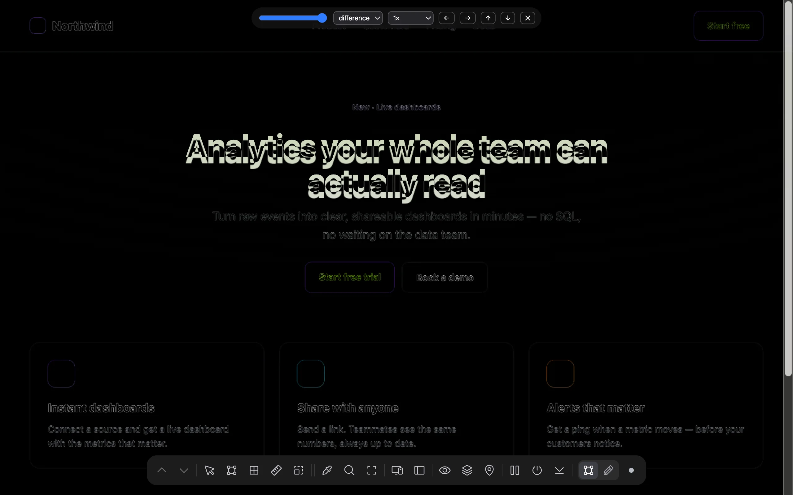 TruePx mockup overlay in difference mode: the page turns black where it matches the design and the misplaced headline stands out
