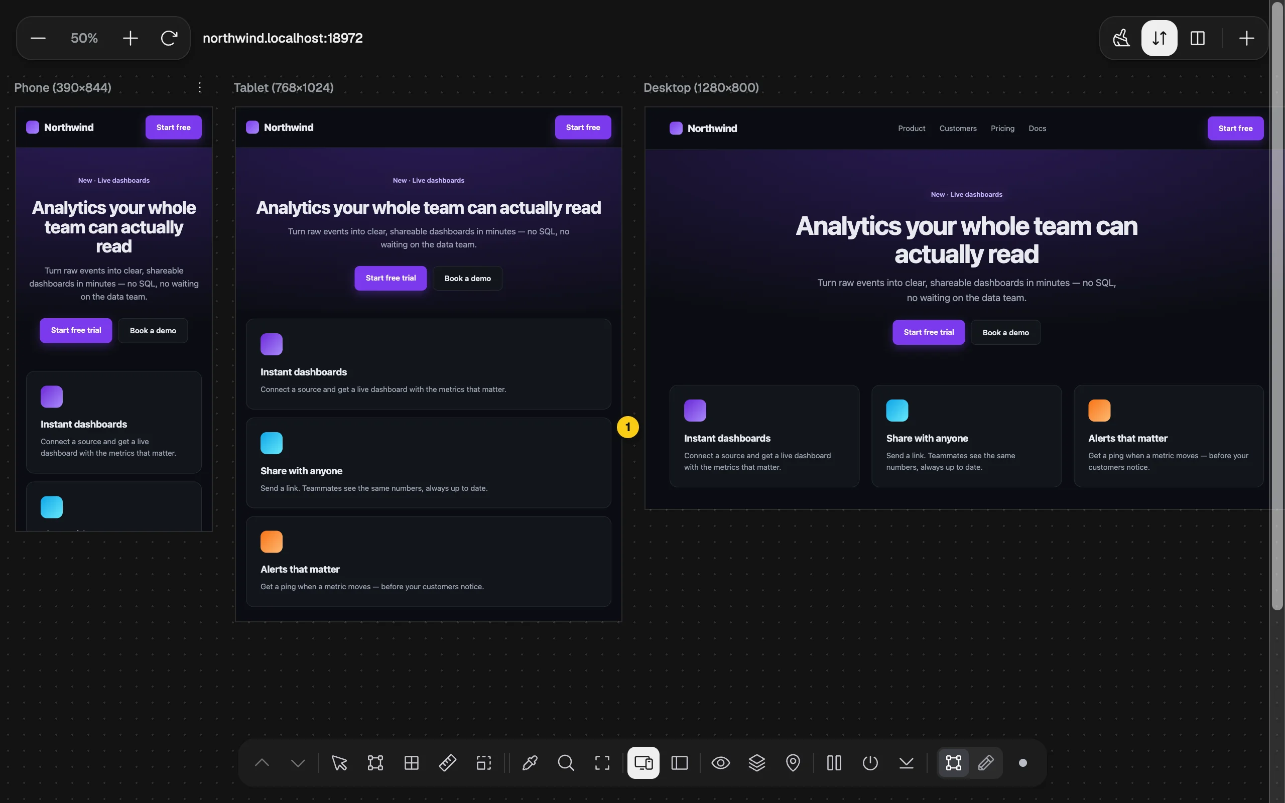 TruePx responsive preview showing the same website at phone, tablet and desktop sizes side by side
